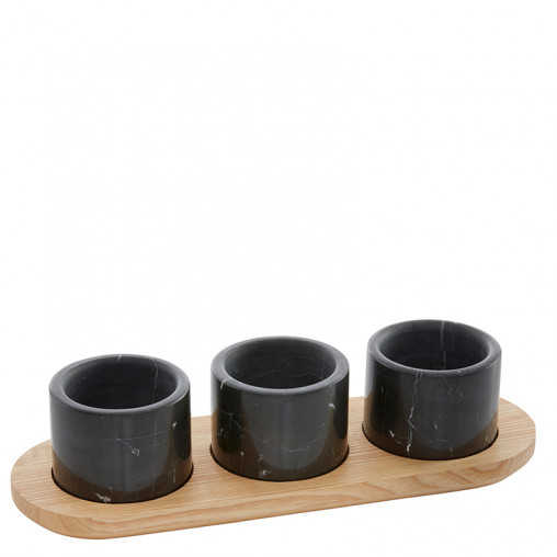 Menage wood (ashwood) 30 cm with 3 marble bowls black Ø7,6 cm