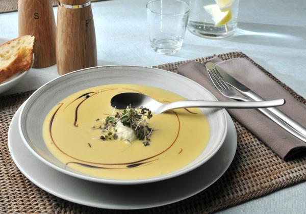 Cream of swede soup with sweet potato, chilli and white chocolate